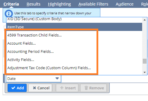 Dropdown under the Criteria tab with the Item Types highlighted.