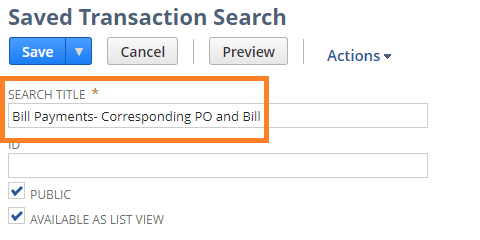 Saved Transaction Search screenshot with the Search Title highlighted.