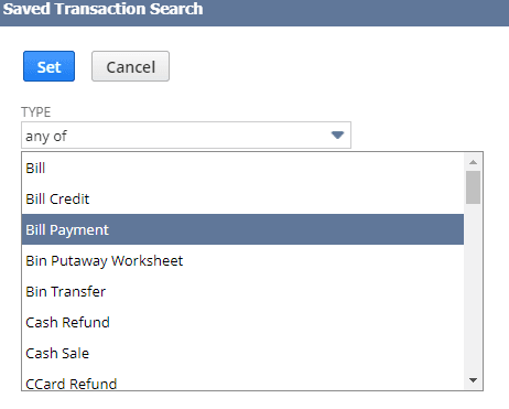 Saved Transaction Search dropdown with the Bill Payment highlighted.