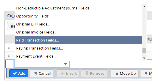 Paid Transaction Fields option highlighted in a dropdown menu.