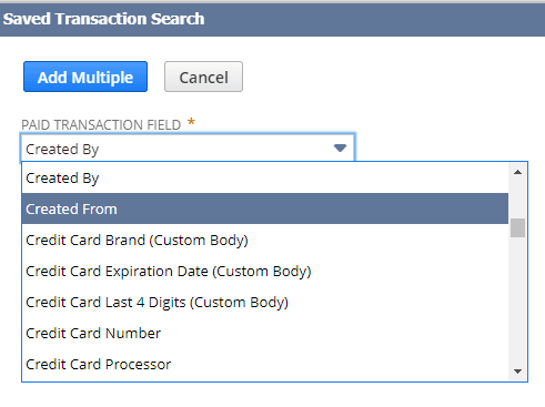 Saved Transaction Search with the Created From dropdown menu highlighted.