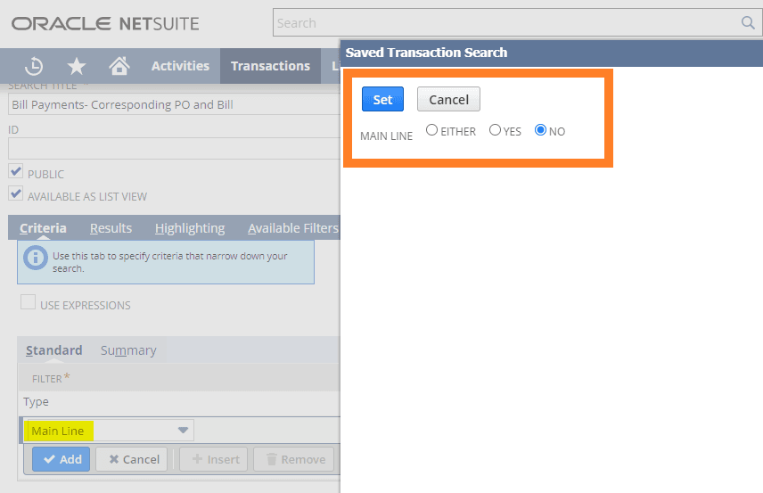Saved Transaction Search with the Set and Cancel buttons highlighted.
