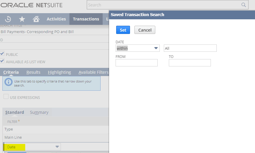 Saved Transaction Search popup tab.