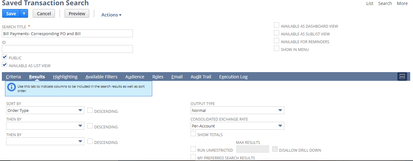 Saved Transaction Search page screenshot.