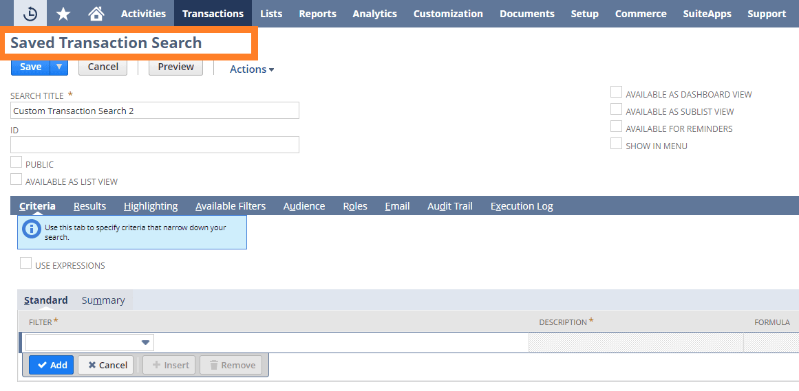 Saved Transaction Search screenshot.