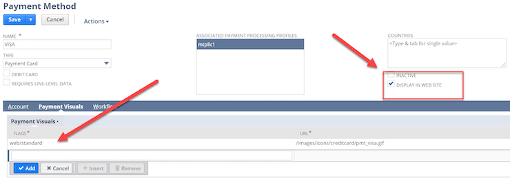Payment method record Visa profile.