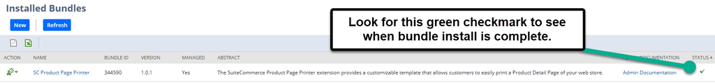 Installed bundles status green checkmark.