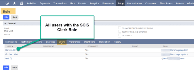 NetSuite setup role SCIS clerk users.