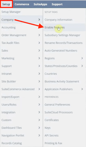 NetSuite navigation setup company enable features.