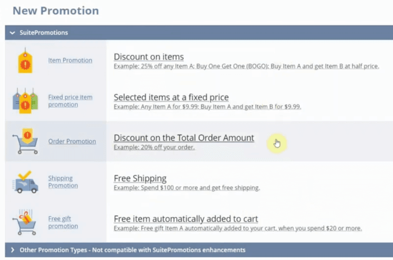 New NetSuite promotion types SuitePromotions total order discount.