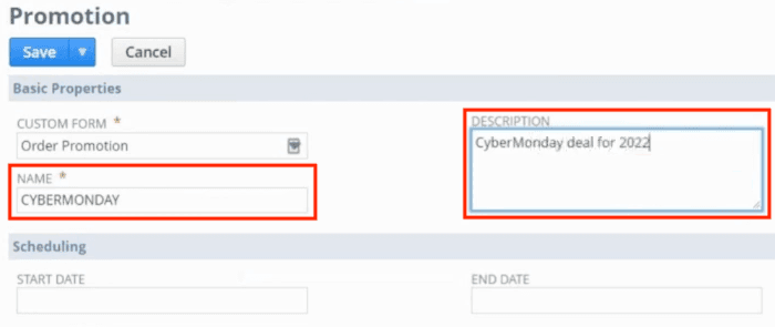 Order SuitePromotion basic properties scheduling.