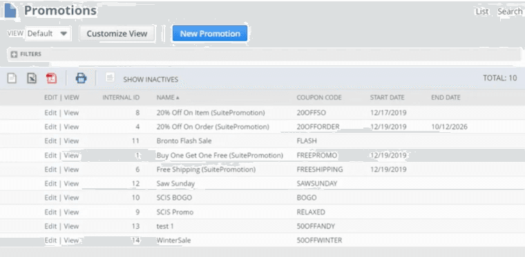SuitePromotions list in the NetSuite Promotions page.