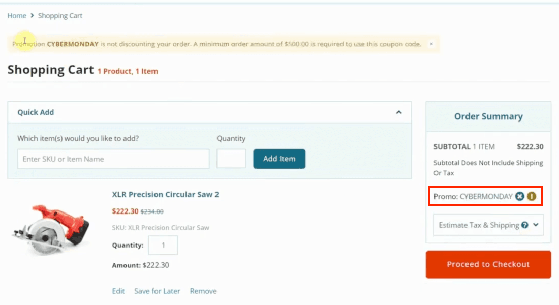 SuitePromotion promo code with the error highlighted.