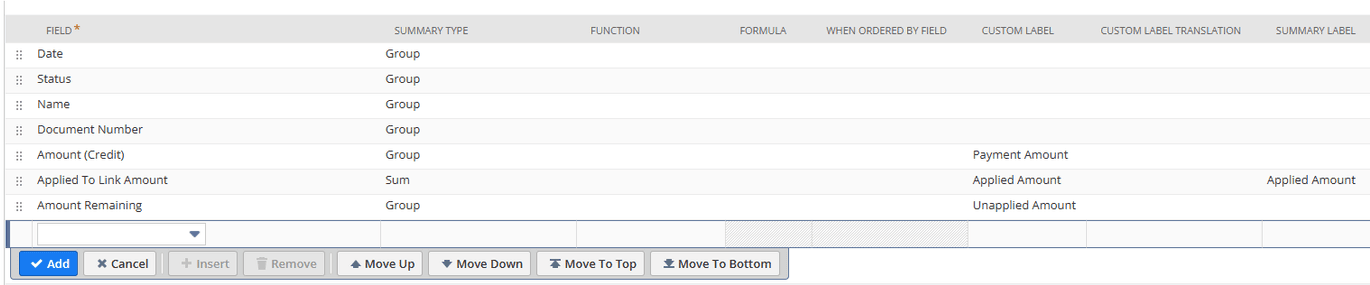 NetSuite saved search results fields.