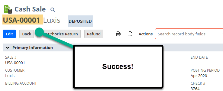 NetSuite cash sale transaction record advanced numbering applied.
