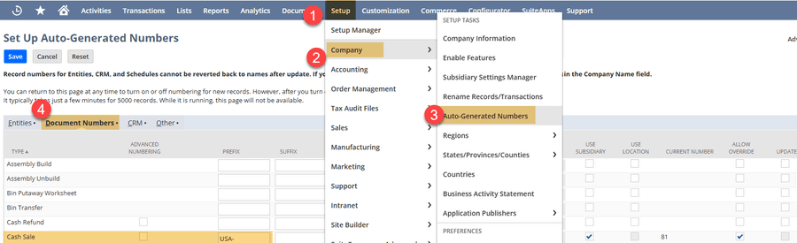 NetSuite setup company auto generated numbers document.
