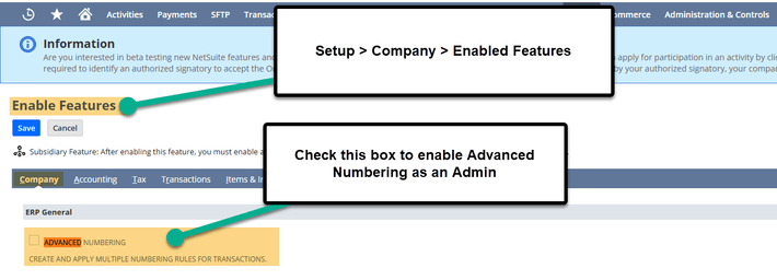 NetSuite setup company enable features advanced numbering admin.