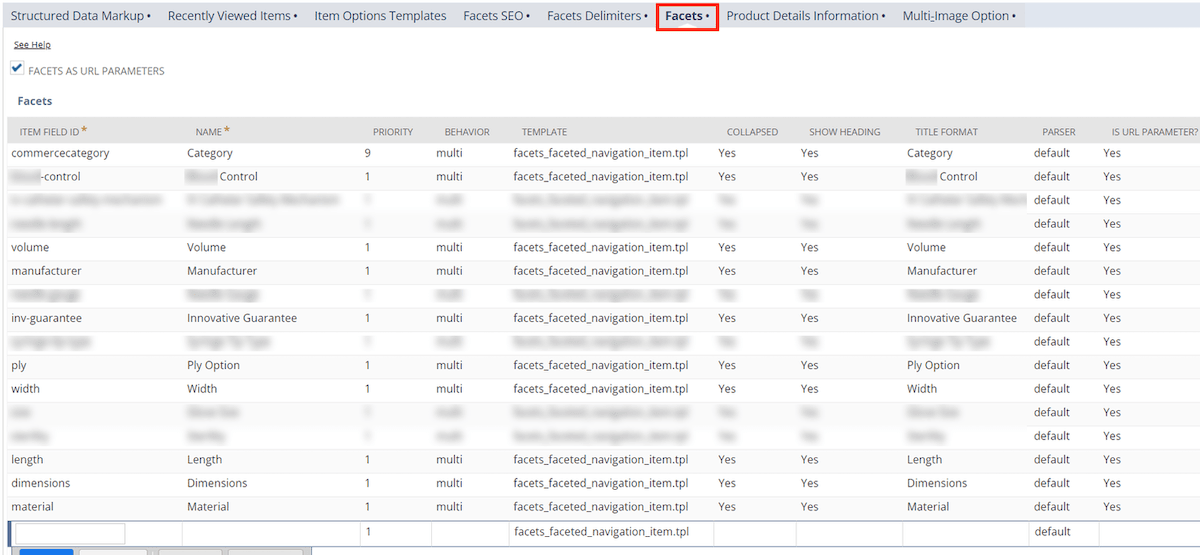 NetSuite facet list URL components.