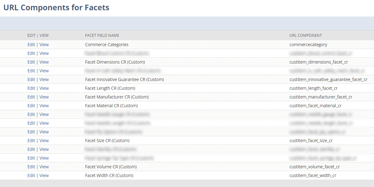 NetSuite URL components for facets.
