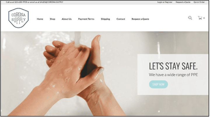 Corona Supply webpage example with the title Let's Stay Safe.