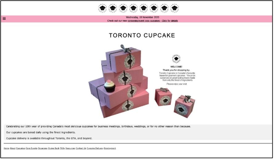 Toronto cupcake homepage example.