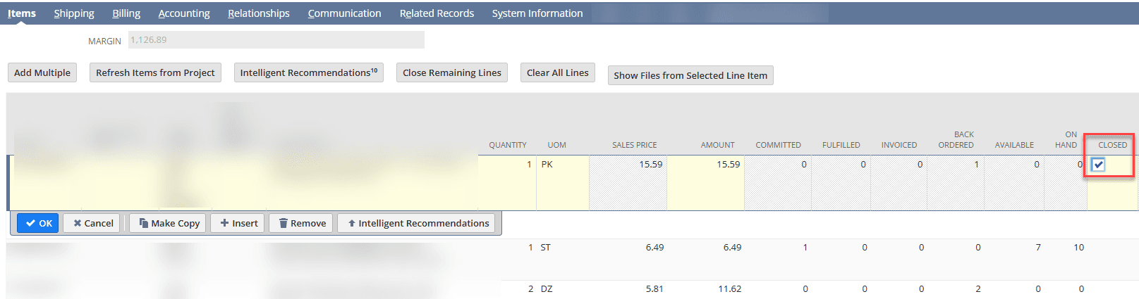 NetSuite items tab, which is closed.