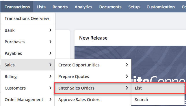 NetSuite transactions sales enter sales orders list.