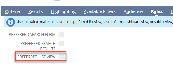 NetSuite roles preferred list view.
