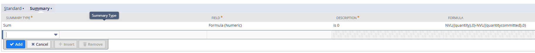 NetSuite summary type sum field formula.
