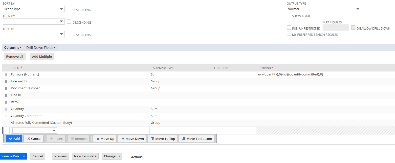 NetSuite saved search columns formula all items fully commited.