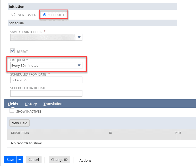 NetSuite search initiation scheduled frequency.