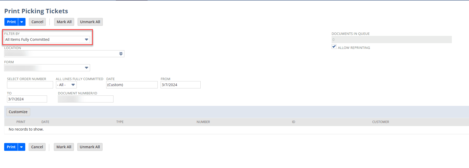 NetSuite print picking tickets filter.