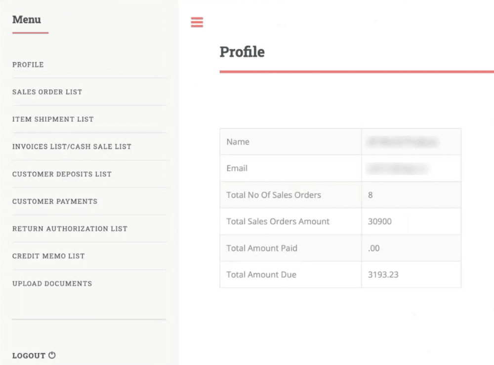 Customer portal profile view.