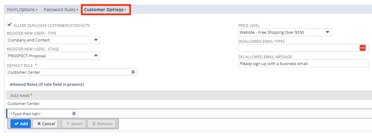 SuiteCommerce modern signup customer options.