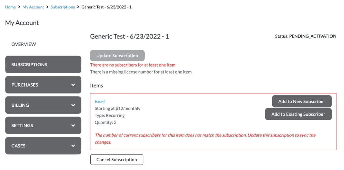 SuiteCommerce My Account subscription details.