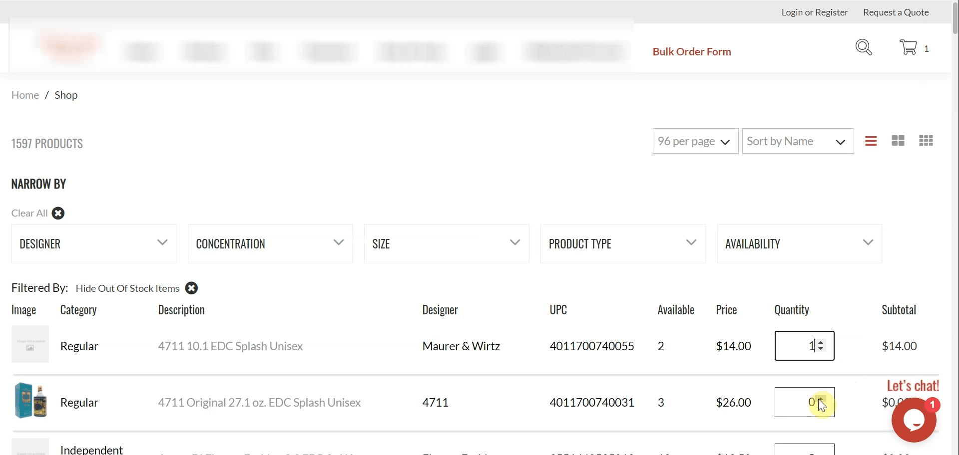 Navigation of wholesale bulk order dashboard.