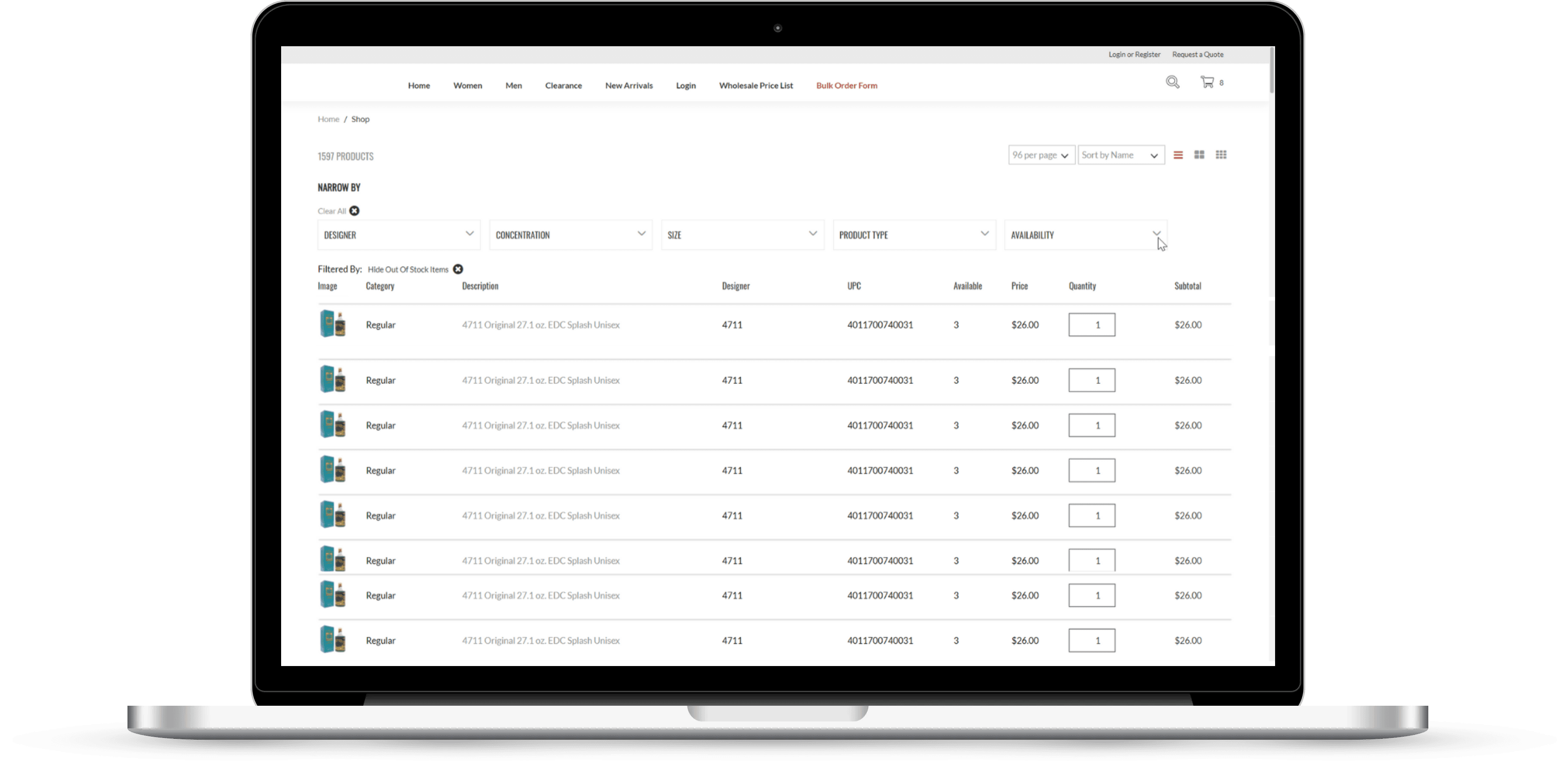 Wholesale bulk order form mockup.