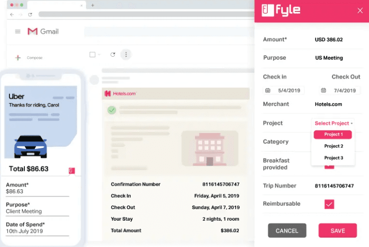 Fyle partner screenshot 3 with Uber and Fyle banners on a dashboard.