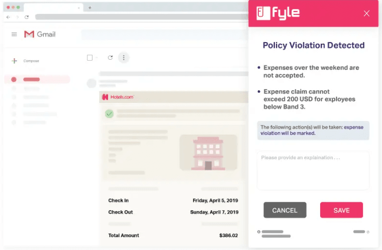 Fyle screenshot 2 with Policy Violation Detected banner showing.