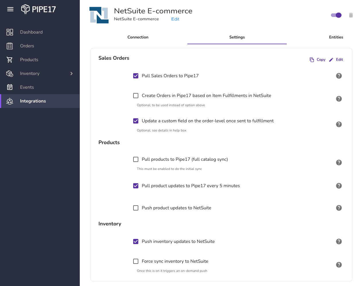 NetSuite Pipe17 example settings.