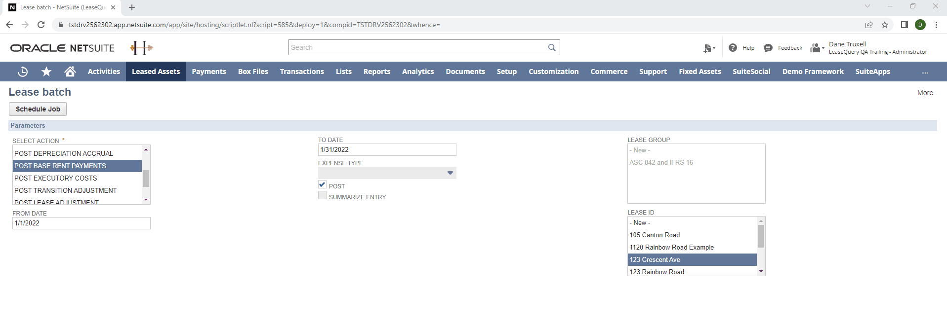 LeaseQuery NetSuite journal entry.