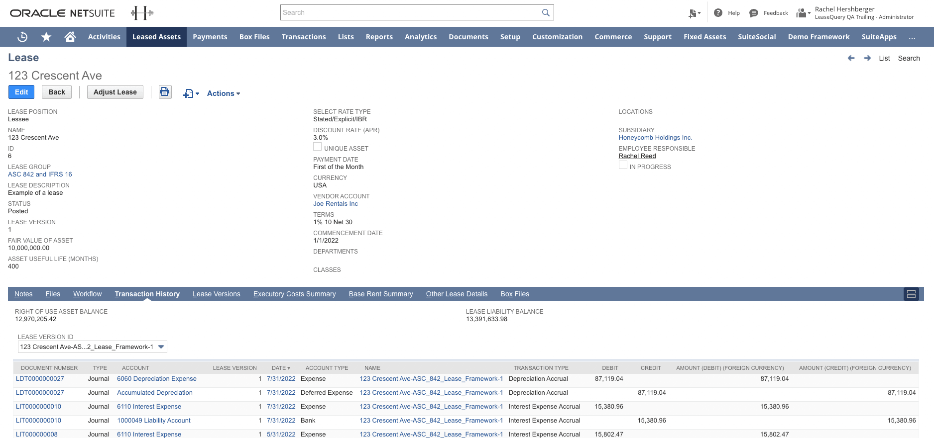 LeaseQuery NetSuite lease view.