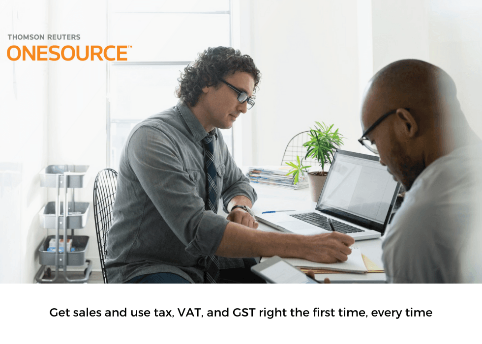 Thomson Reuters OneSource with two men working on spreadsheets.