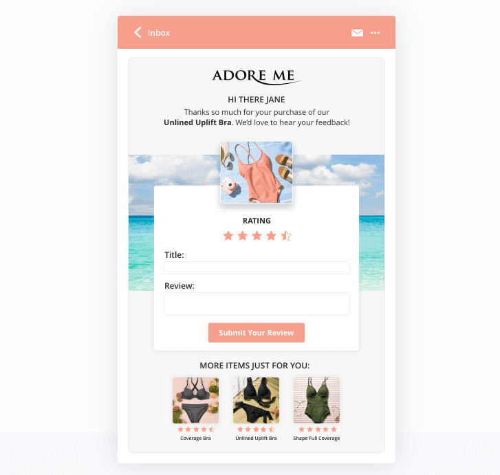 Adore Me swimsuits example Yotpo page.