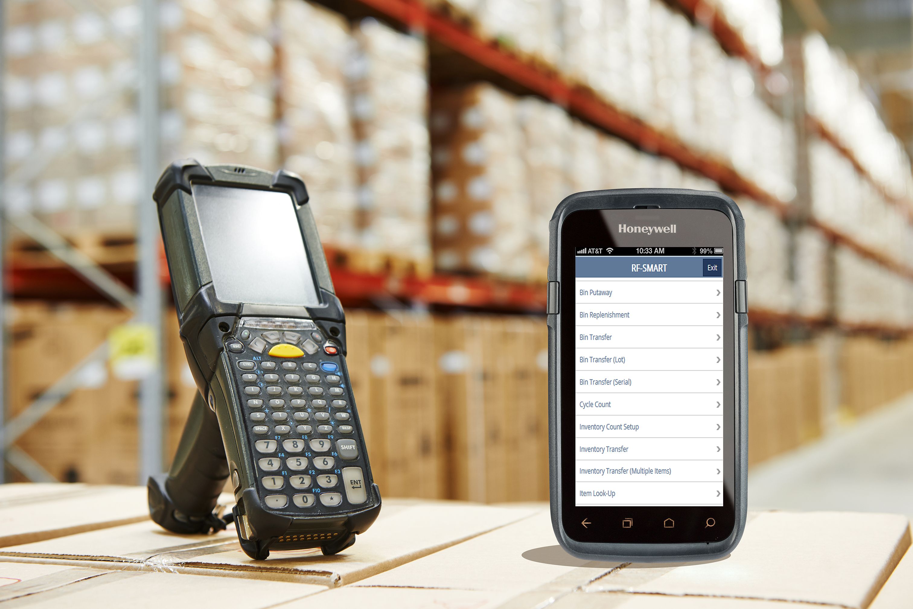 A calculator and a phone in the middle of a warehouse.