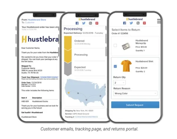 Shipstation mockup of various storefronts on three phones.