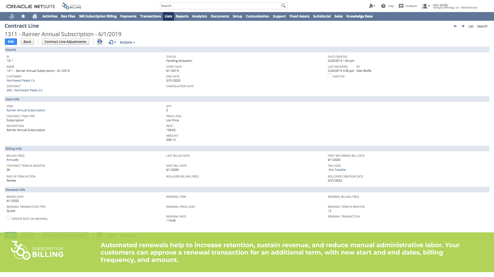 360 Subscription Billing renewals page.