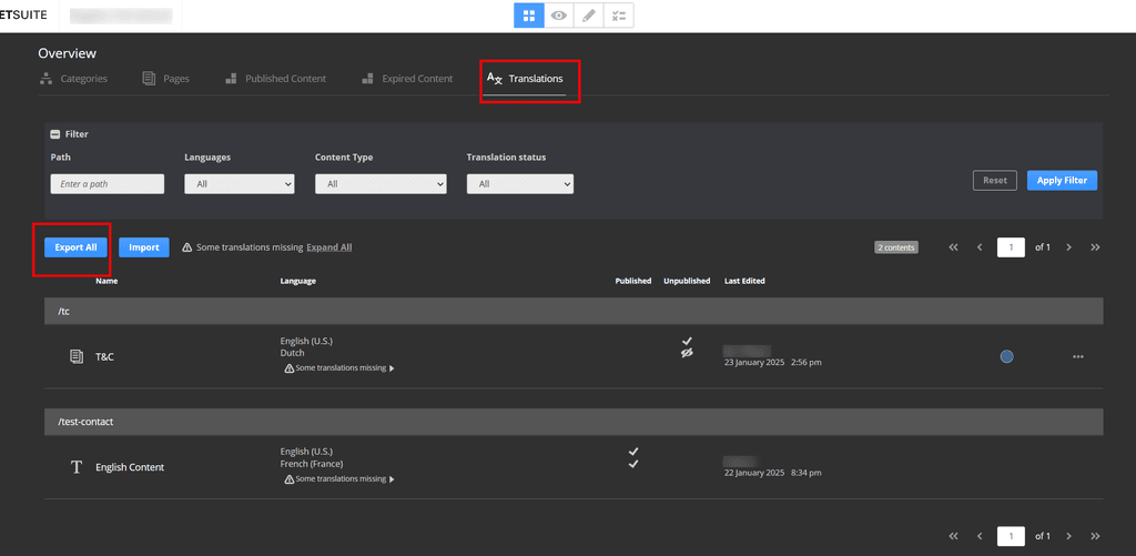 NetSuite SMT overview translations export all.
