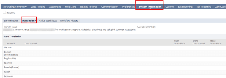 NetSuite system information translation.