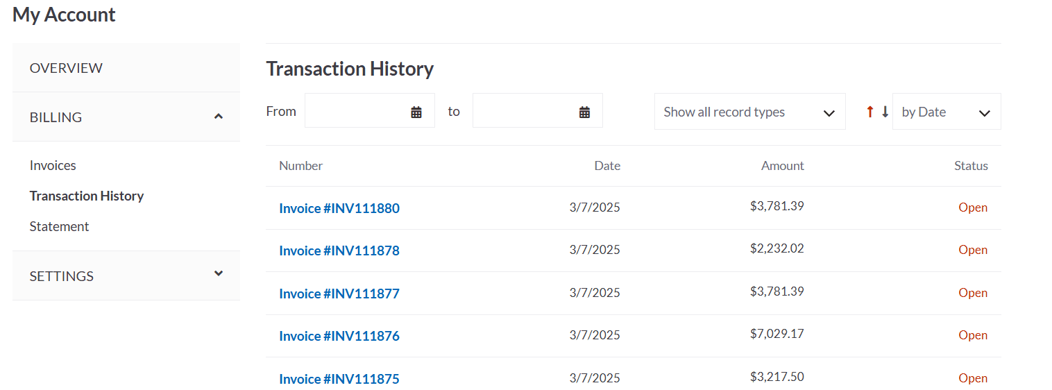 SuiteCommerce MyAccount transaction history.